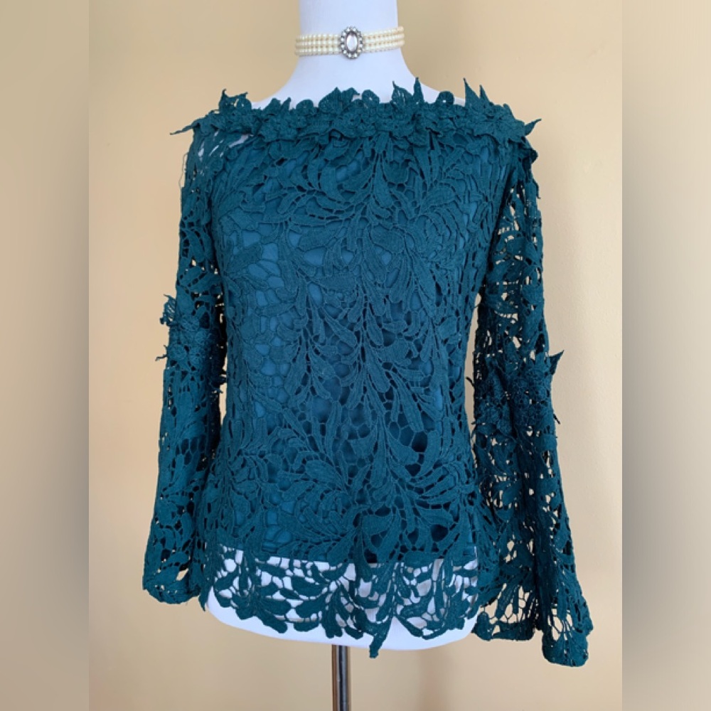 A’GACI deep teal sexy lace ladies size SMALL bell sleeve top LNWOT